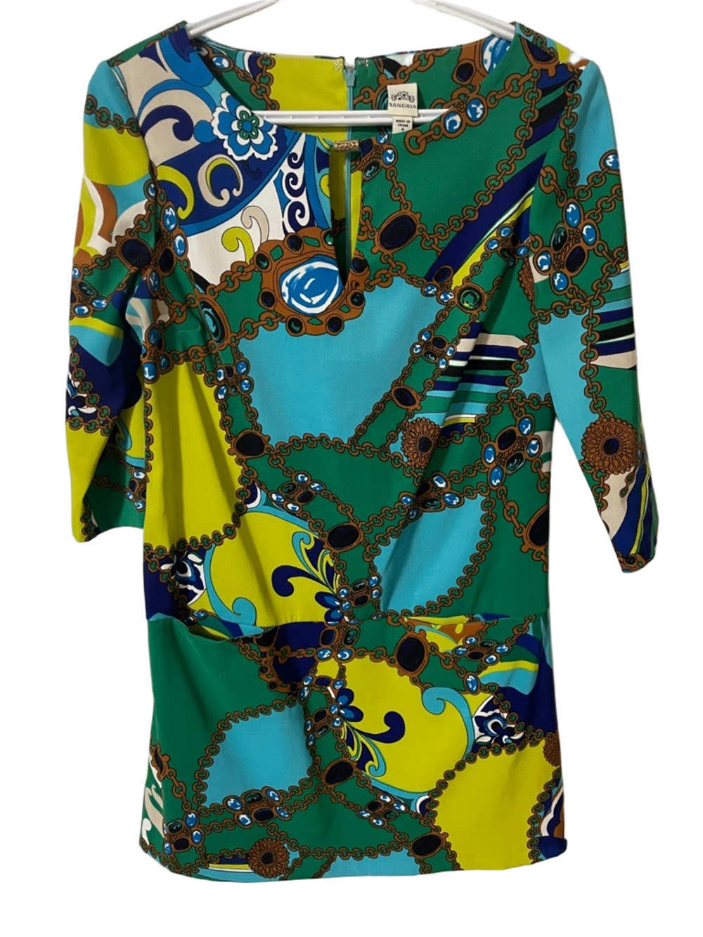 Signature by Sangria Green, Teal & Lime Chain-Print Dress Size 4